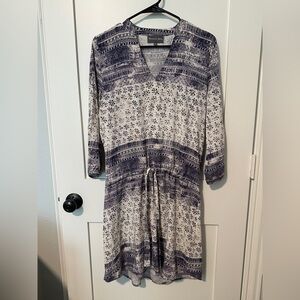 Navy and White Patterned Belted Dress